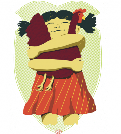 girl hugging chicken illustration